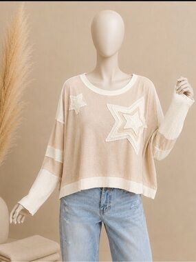 POL Beige and Cream Star Appliqué Pullover